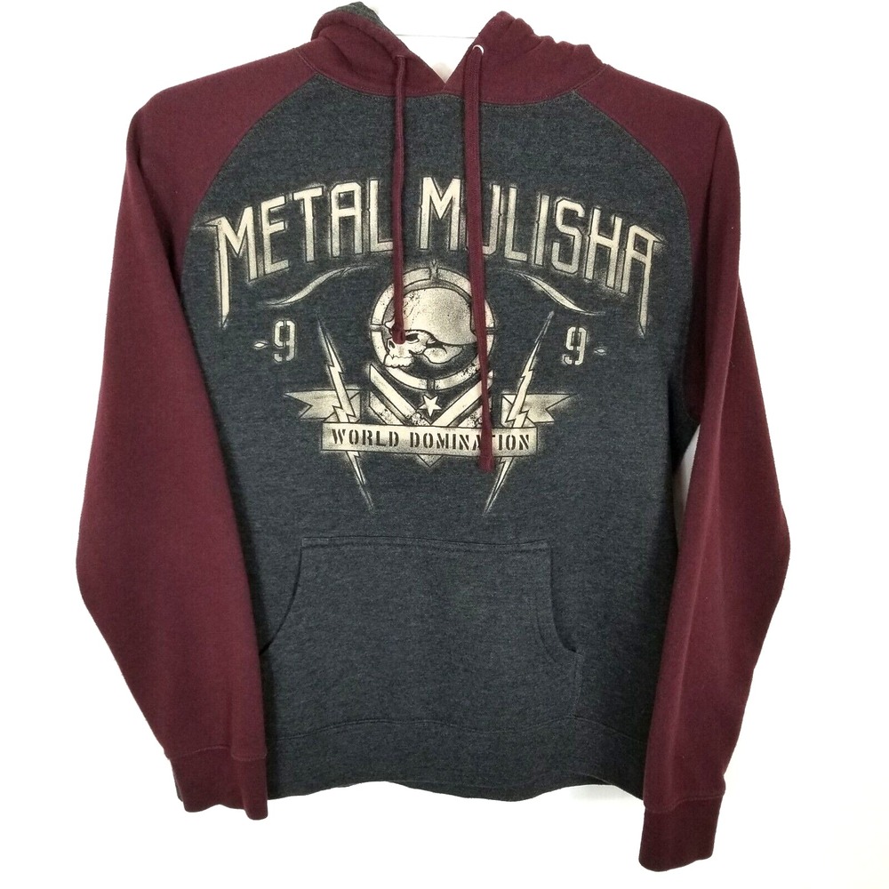 Metal Mulisha Men Graphic Hoodie Logo Sz M Gray Maroon‎ Y2K Fleece Grunge